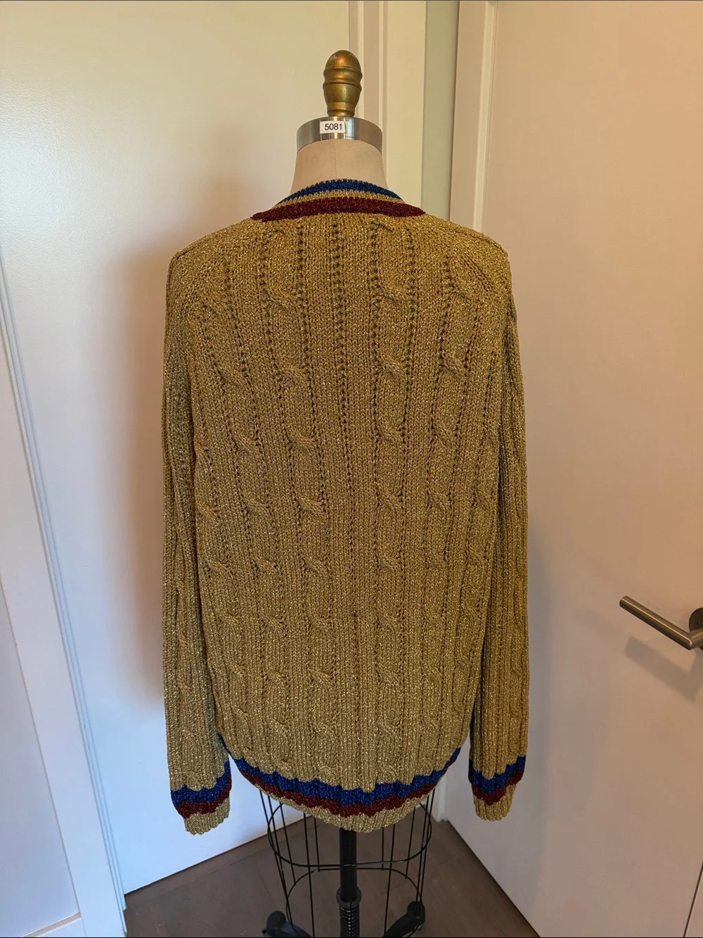 Gucci Gold Cable Knit V-Neck Sweater with Blue and Burgundy Trim